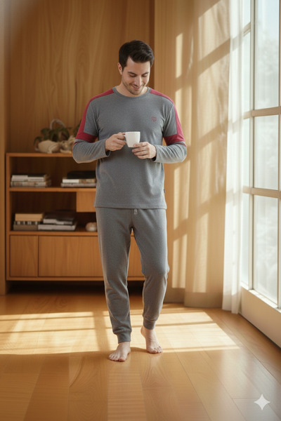 big mama Men's Winter Cotton Pajama Set - with Pockets on Pants, Shoulder Detail