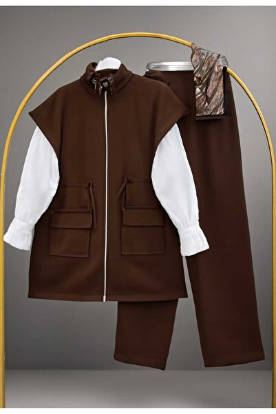 MODA VEDAT Drawstring Waist Mock Neck Scuba Vest Set Set (Vest-Trousers 2 Pieces Are Sent)