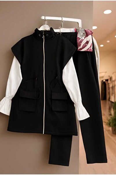 MODA VEDAT Drawstring Waist Mock Neck Scuba Vest Set Set (Vest-Trousers 2 Pieces Are Sent)