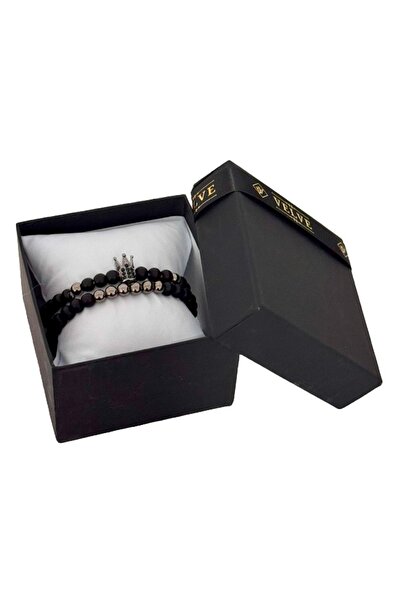 velve Royal set for men, two bracelets with semi-precious stones and zirconium crystals, Black/Silver