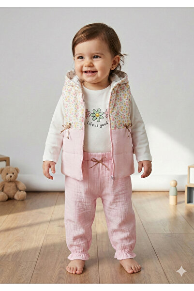 Mini Baray Baby Girl Floral Pattern Vest 3-Piece Tracksuit Set (9-12-18 Months)