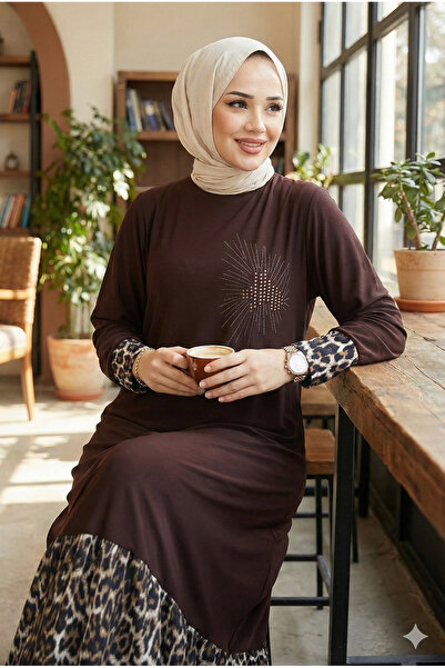 modamira Kadın Kahve Sandy Göğsü Taşlı Kolu Ve Eteği Leopar Garnili Tesettür ...