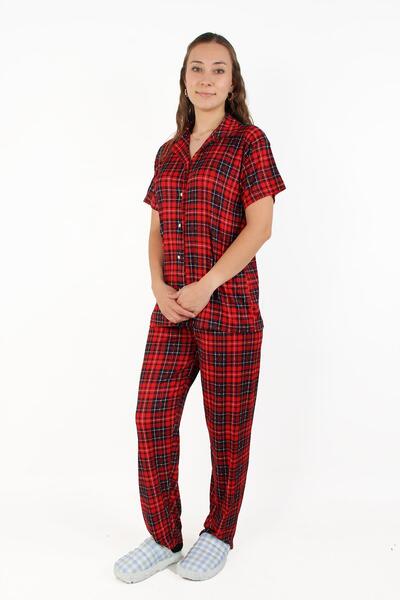 Mckanzie 15669 Pegasus Shirt Collar Short Sleeve Top Long Bottom Plaid Pajamas Set