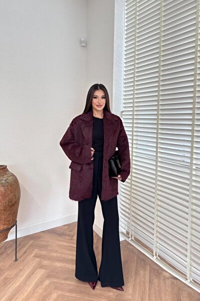 Julidress Burgundy Special Textured (Bearded) Double Pocket Oversized Premium Blazer Cashmere Jacket