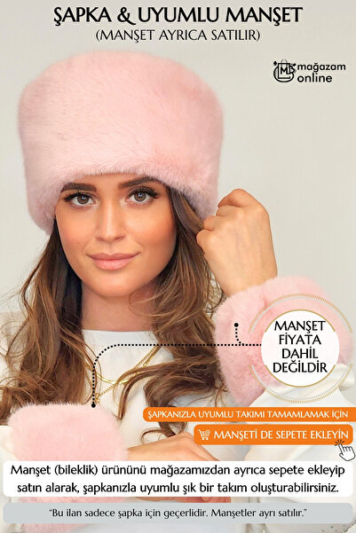 Mağazam Online Women's Winter Kalpak Hat Soft Textured Plush Faux Beanie - Mink Pink