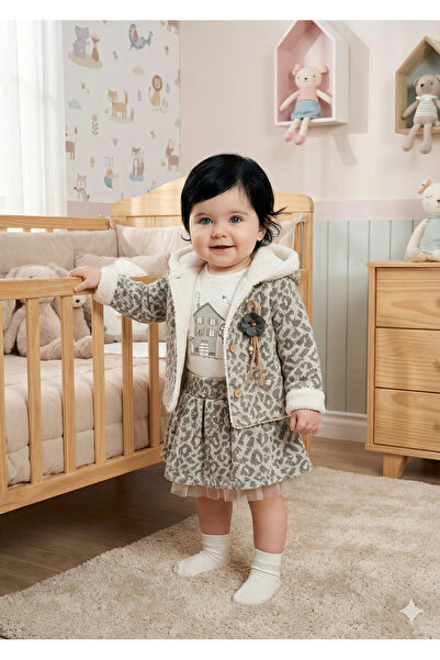 Mini Baray Baby Girl T-Shirt, Skirt and Plush Coat 3-Piece Set (9-12-18 Months)