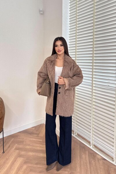 Julidress Beige Special Textured (Bearded) Double Pocket Oversized Premium Blazer Cashmere Jacket