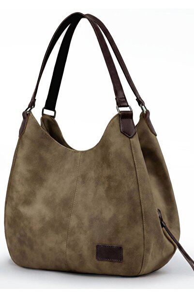 Cappadocia Vintage 5086 Myra Geantă de umăr casual din piele PU maro închis fumuriu pentru femei, cu trei compartimente, geantă de mână Hobo Tote