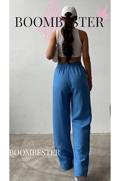 BoomBester Γυναικείο λεπτό λινό καλοκαιρινό παντελόνι με ελαστικό κορδόνι με φαρδύ πόδι Ç με ρέλι – Μπλε