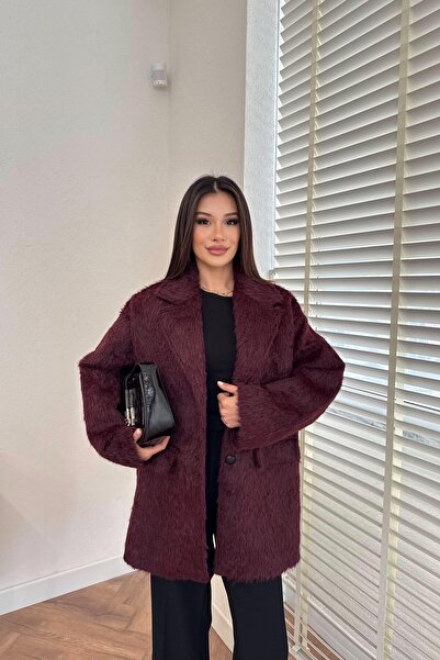 Julidress Burgundy Special Textured (Bearded) Double Pocket Oversized Premium Blazer Cashmere Jacket