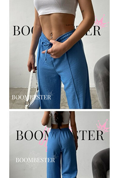 BoomBester Γυναικείο λεπτό λινό καλοκαιρινό παντελόνι με ελαστικό κορδόνι με φαρδύ πόδι Ç με ρέλι – Μπλε