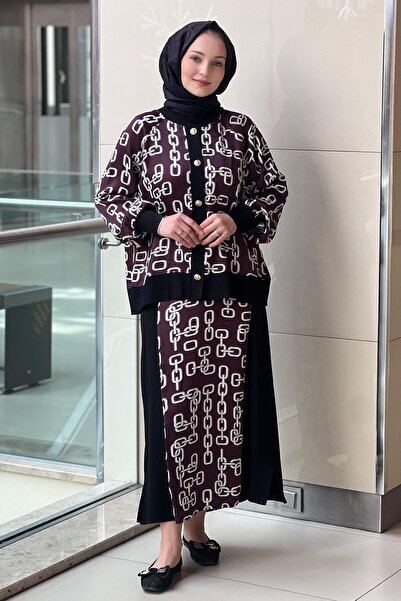 Ghisa Patterned Knitwear Detailed Satin Cardigan Skirt Set