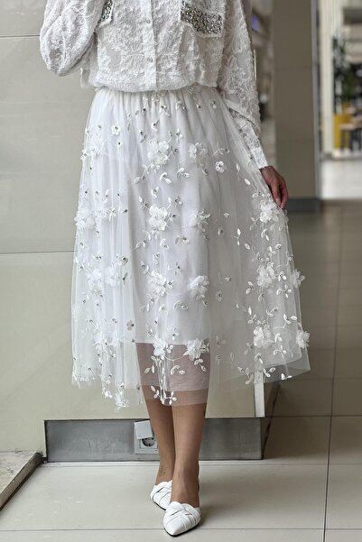 Mahal İncili Taşlı Çiçek Nakış İşlemeli Tül Etek