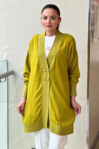 Ghisa V-Neck Ribbed Houndstooth Patterned Jacquard Cardigan