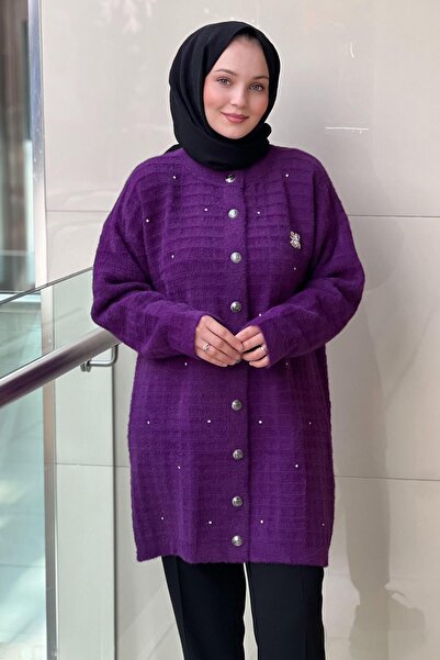 Nuss Angora Cardigan with Self-Square Pattern Stone Embroidered Brooch and Snap Fasteners