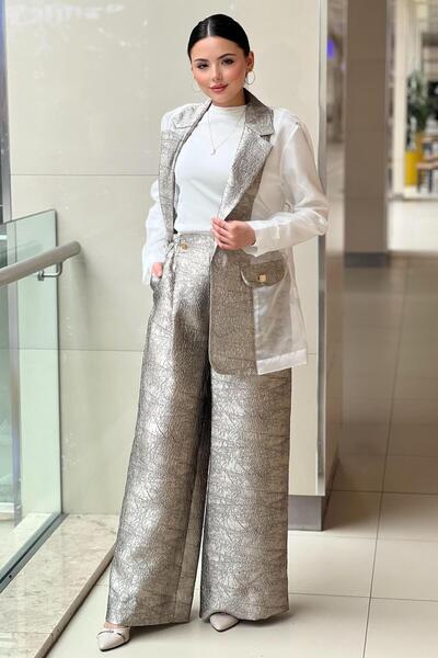 MİANOTTE Mianotte Organze Ve Brokar Kumaş Kombinli Ceket Pantolon Takım