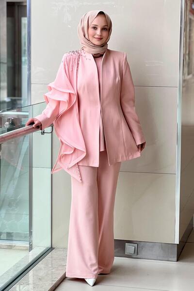 White Corner Sleeve Stone Embroidered and Tulle Detailed Jacket Underwear Pants 3 Piece Set