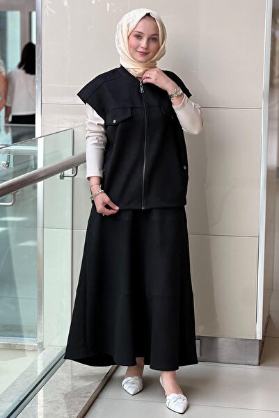 Mahal Tığ Triko Süet Yelek Kloş Etek Takım