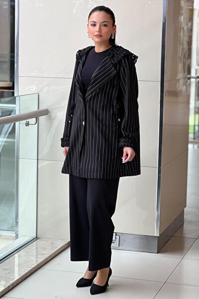 Ghisa Hooded and Sleeve Mesh Striped Jacket Pants Set