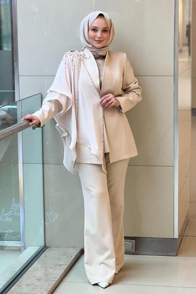 White Corner Sleeve Stone Embroidered and Tulle Detailed Jacket Underwear Pants 3 Piece Set