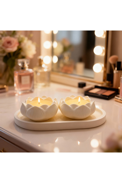 Ftrk Store Bernami Vanilya Kokulu Dekoratif Tepsili Gül Desenli Mum Seti