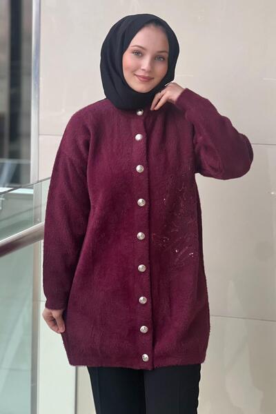 Nuss Cardigan din angora cu broderie florală cu paiete și închidere cu capse în față