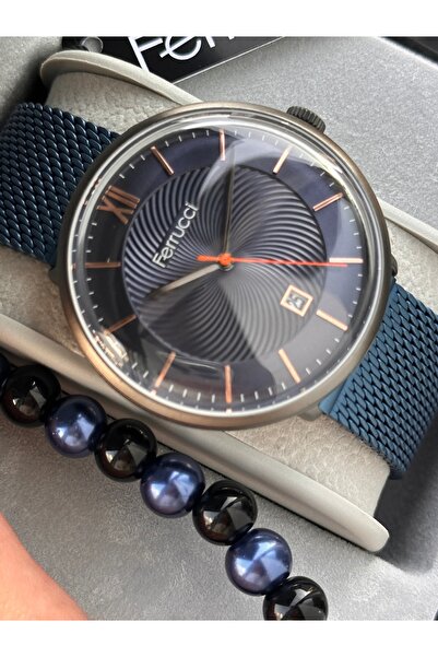 Ferrucci Marka Gümüş Renk Çelik Kordon,Lacivert Kadran,Takvimli, Fonksiyonlu Erkek Kol Saati+Bileklik Tesbih