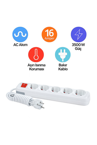 REYYEN 6’lı Anahtarlı 5 Metre Grup Priz Bakır Uzatma Ara Kablosu