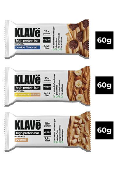 KLAVë Yüksek Protein Bar Karma - 60 g x 3 Adet - 15g Protein, Vegan ve Glutensiz
