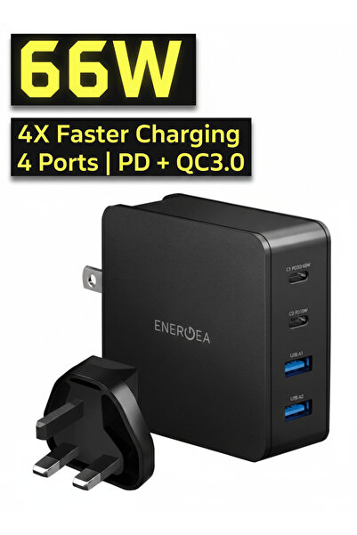 Energea شاحن حائط Travelite PD66 بقوة 66 واط، شحن سريع لأجهزة متعددة مع منافذ...