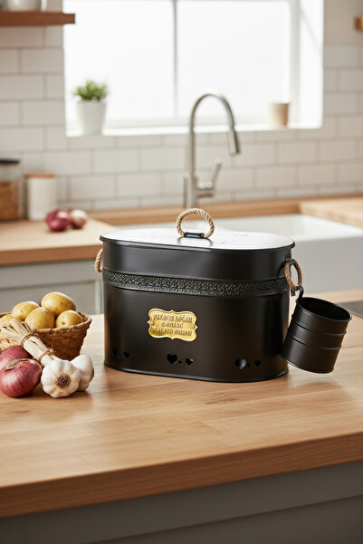 Milenay Oval Metal Potato Onion Garlic Bucket, Kitchen Organizer with 2 Compartment Design and Garlic Chamber