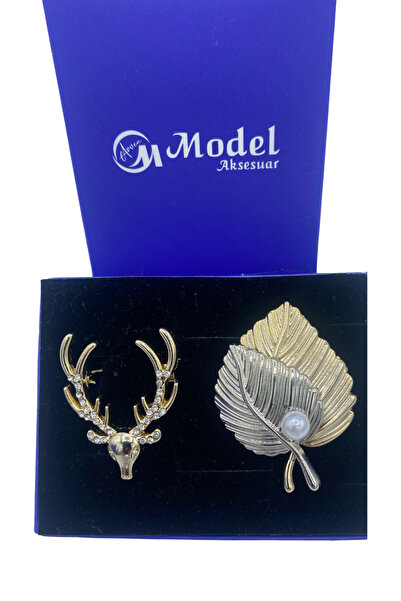 model aksesuar 2li Geyik Yaprak Broş