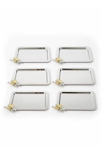 AsKa Home 6 Adet Paslanmaz Çelik Kare Kelebekli Modern Çay Kahve Sunum Tepsisi