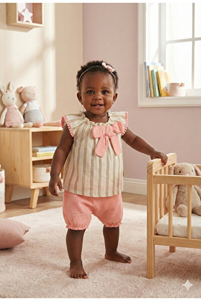 Mini Baray Müslin Fiyonklu Şortlu Çizgili Kız 2 li takım