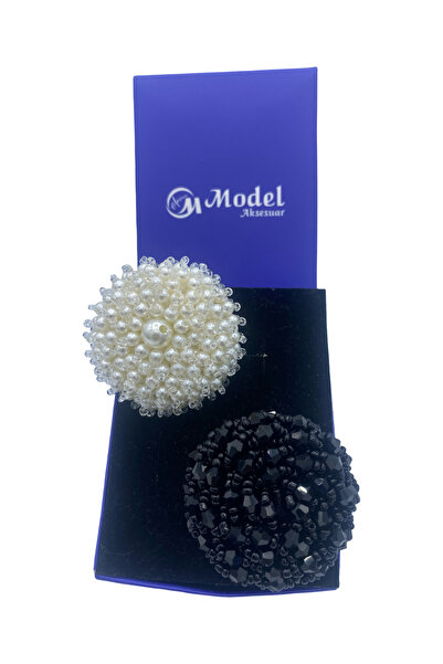 model aksesuar 2 Li Tasarım El Işlemeli Inci Ve Siyah Taşlı Broş