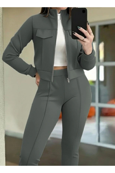 Pazarcan Women's Long Sleeve Front Zipper Short Modal Jacket and Pants Two-Piece Set