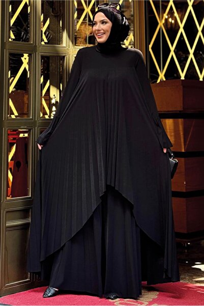 TRENDTESETTÜR KADIN SİYAH PİLELİ PANTOLONLU TAKIM T 5758