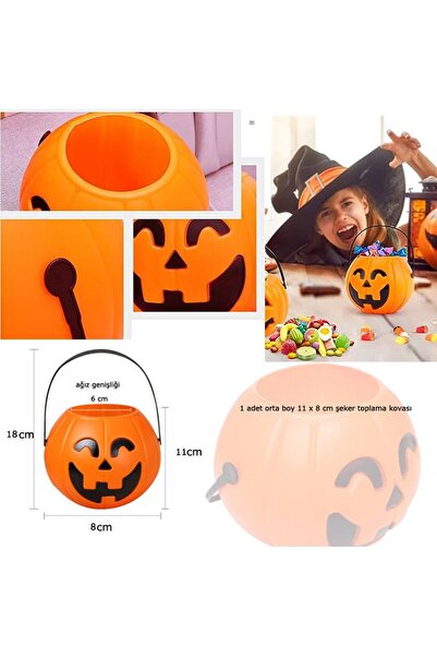 partidolu Halloween Saplı Balkabağı Plastik Şeker Toplama Kovası Orta 11x8 cm 1 Adet