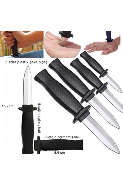 partidolu Yaylı İçeri Kaçan Plastik Şaka Bıçağı Gerçek Görünümlü Siyah Renk Halloween Bıçak 5 Adet
