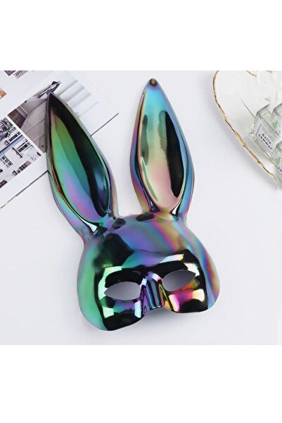 partidolu Halloween Plastik Tavşan Maskesi Rengarenk Colorful Holographic Yetişkin 1 Adet