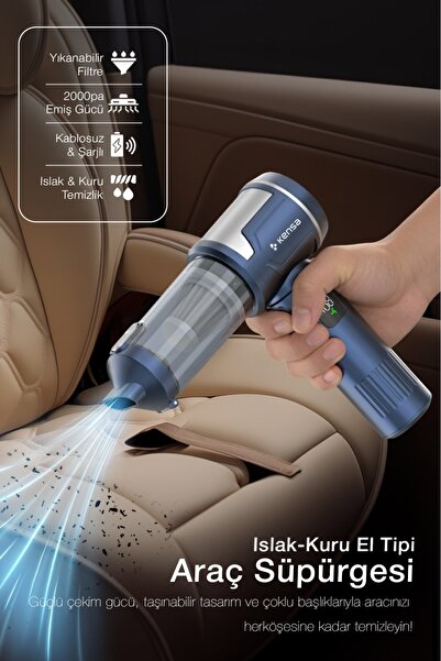 Kensa 2000PA 100W Kablosuz Araç Süpürgesi – 4’ü 1 Arada Güçlü Emiş, HEPA Filtre, LED Işıklı, 5 Başlıklı