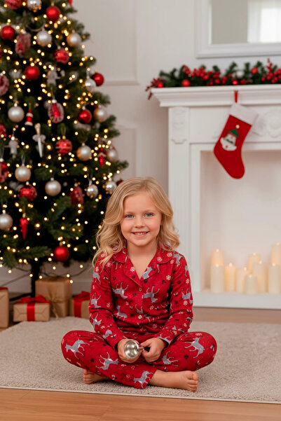 zahider Set de pijamale din bumbac cu nasturi cu tematică de Crăciun pentru fete