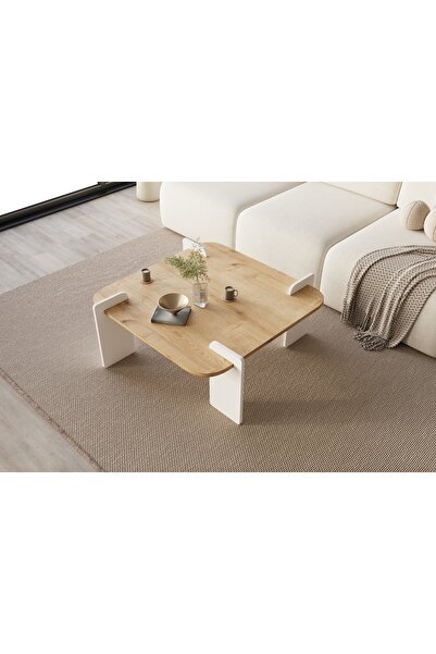 MONEayna Afrolli Dekoratif Beyaz Natural Desen Orta Sehpa 70x70Cm