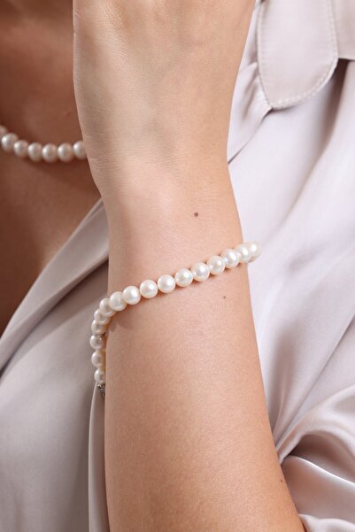 Birinci 925 Ayar Gümüş 8 mm Sıralı Doğal İnci Bileklik