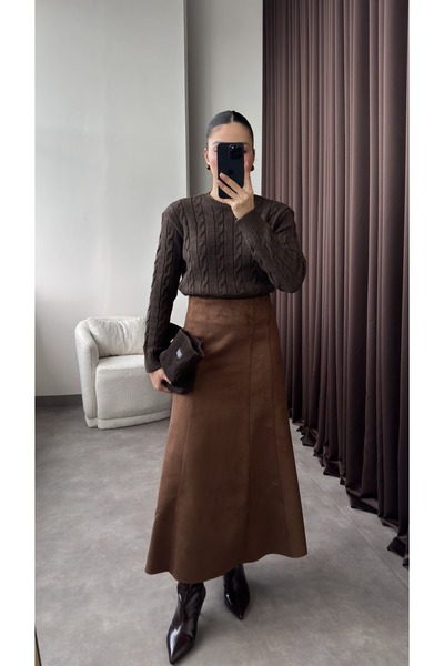 YOUR NAME Fusta lungă evazată din piele intoarsa maro pentru femei