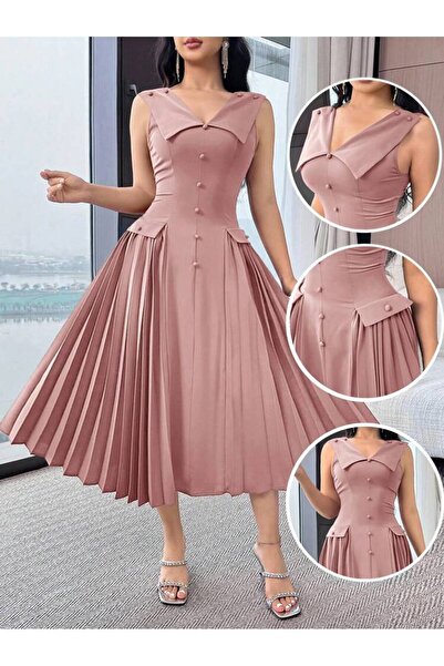 NARCISSUS FASHION فستان بلا اكمام بياقة كبيرة وزرار امامي