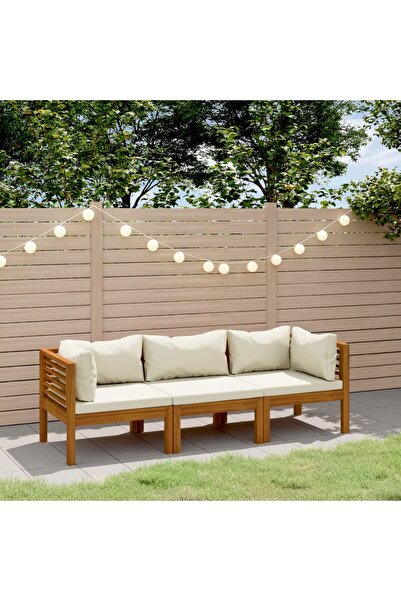 vidaxl أريكة حديقة بثلاثة مقاعد مع وسادة كريمية من خشب الأكاسيا الصلب