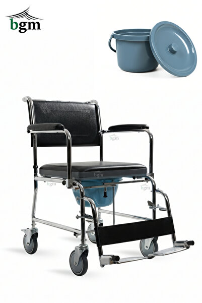 bgm Klozetli Tekerlekli Sandalye- Ev Tipi Suni Deri Banyo Sandalyesi Frenli Kovalı Tuvaletli Sandalye