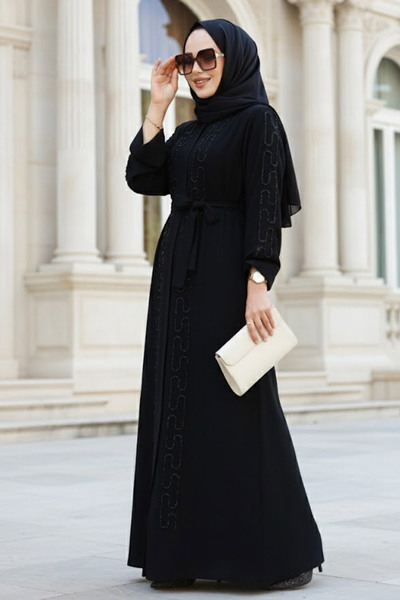 Neva Style Boncuk İşlemeli Siyah Tesettür Abaya 29118S