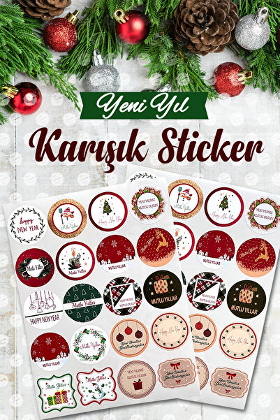 t tuğset etiket Yılbaşı Temalı Sticker - Mutlu Yıllar Etiketi -yılbaşı Paketleme Happy New Year Sticker Karışık Set